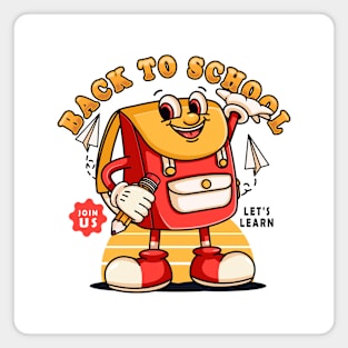 Back to School, retro schoolbag mascot character invites back to school Magnet